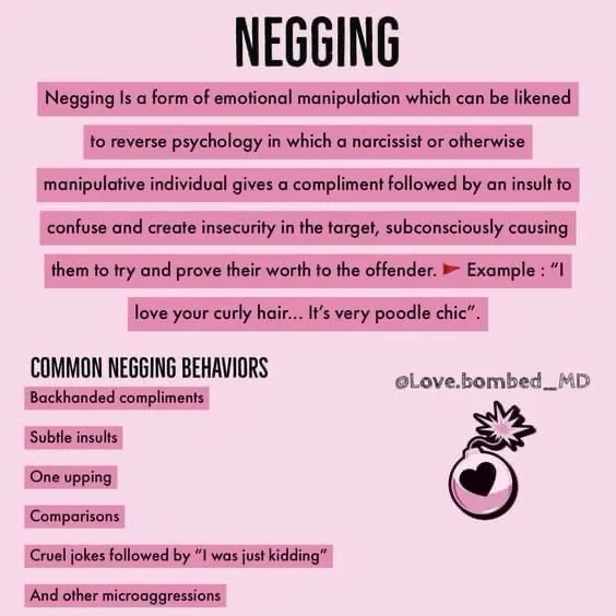 A pink-background infographic titled 'NEGGING' defines it as emotional manipulation involving compliments followed by…