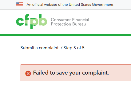 A screenshot of the Consumer Financial Protection Bureau's official website shows a red error box with a red 'X' icon and…