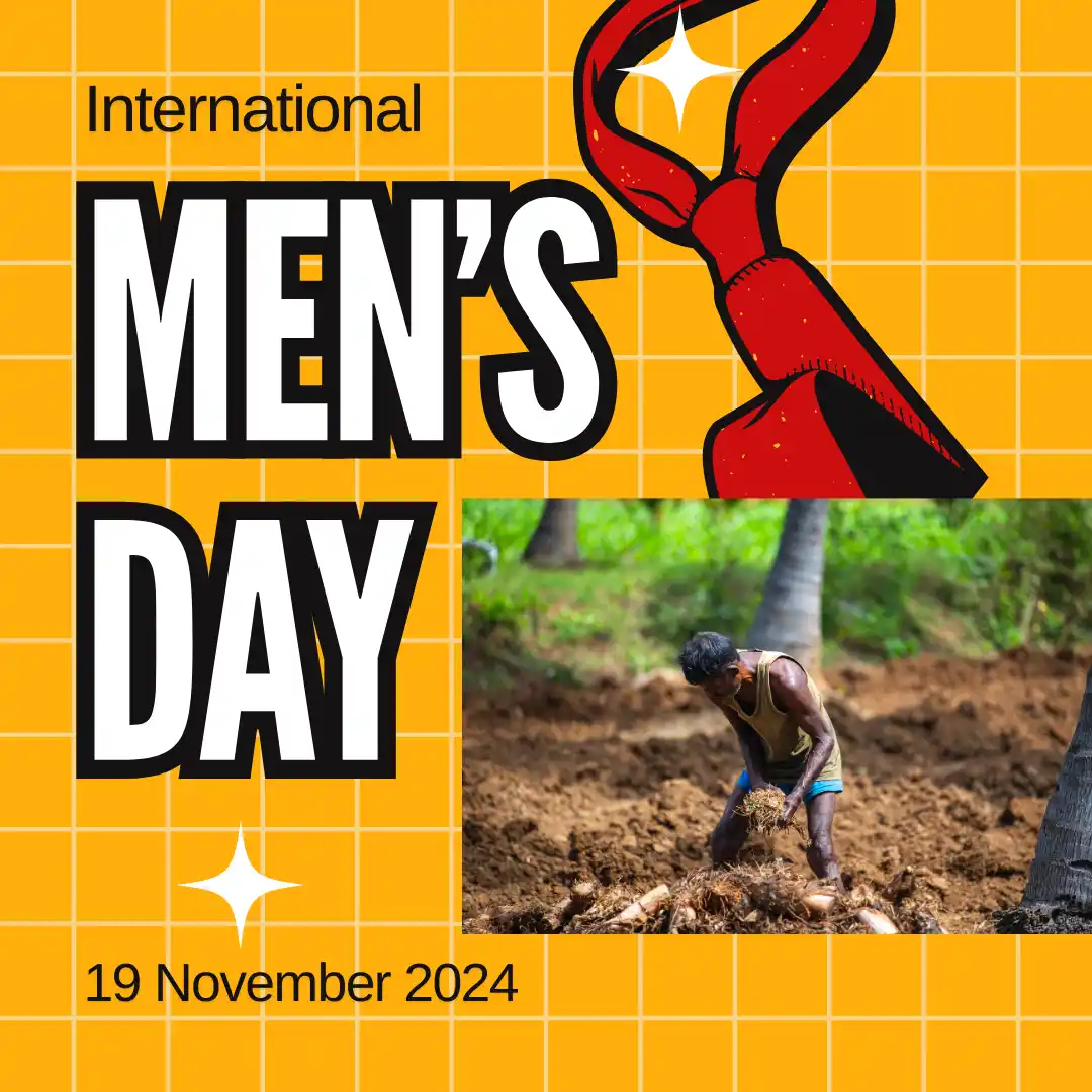 A graphic with a yellow grid background features large white text reading 'International MEN'S DAY' and '19 November 2024'…
