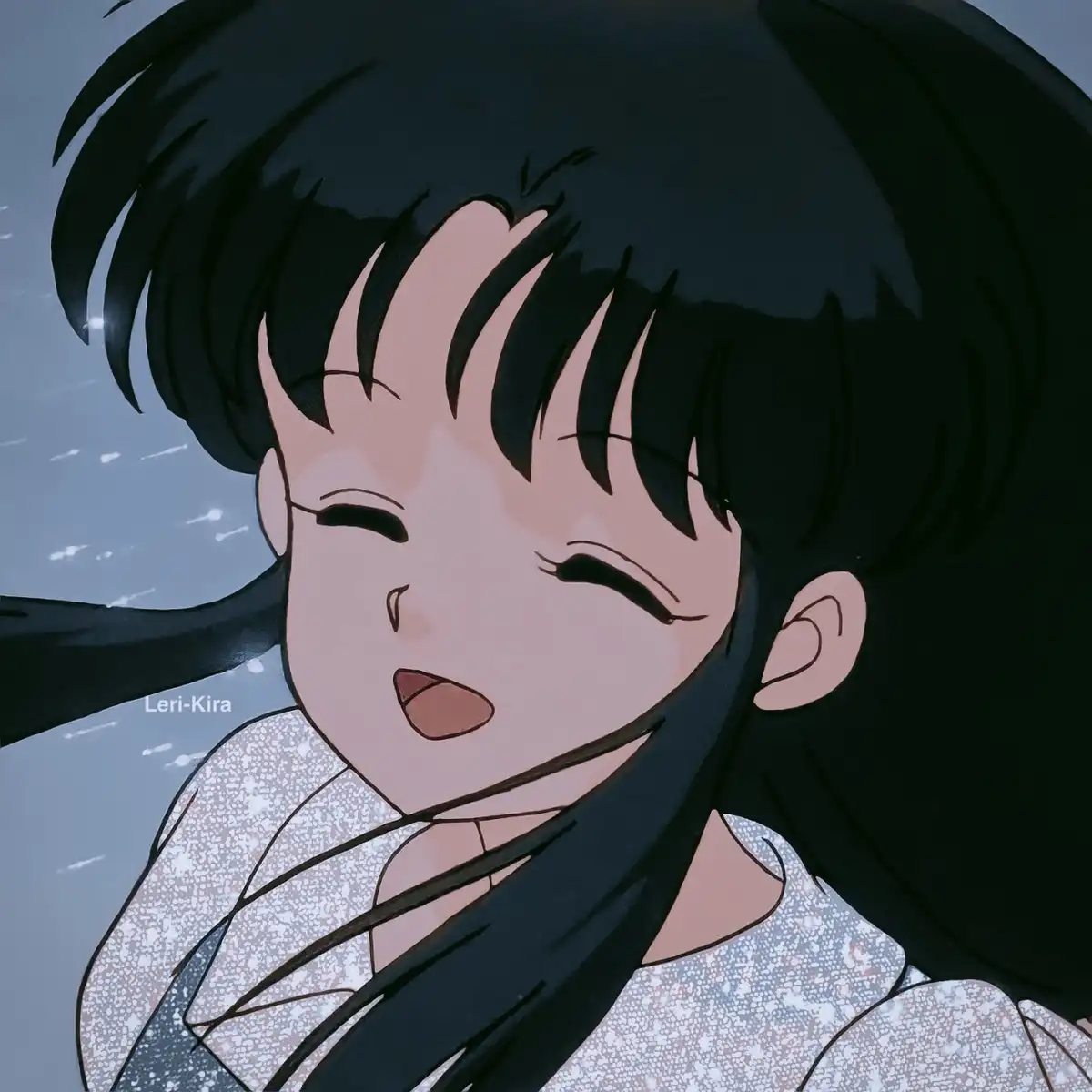 A close-up anime-style illustration of a young girl with long black hair and a white patterned top, smiling with her eyes…