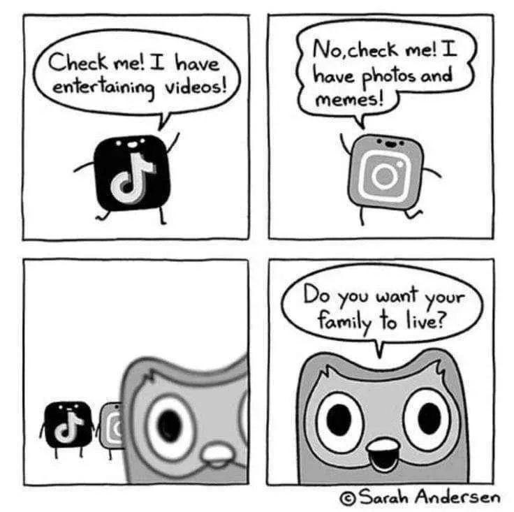 A four-panel comic strip shows cartoon versions of TikTok and Instagram arguing over which app is better. TikTok claims it…