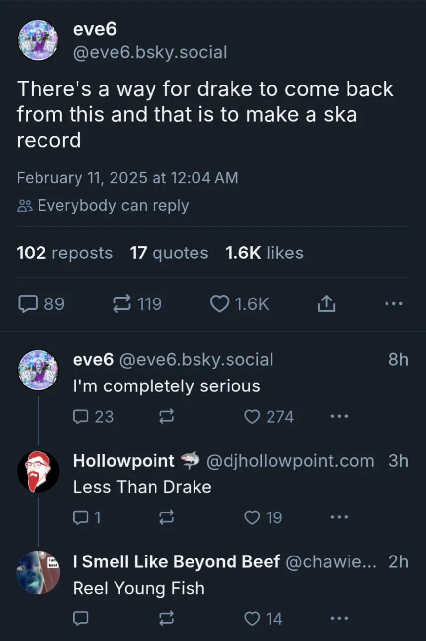 A screenshot of a Bluesky social media thread shows a user named eve6 suggesting that Drake can recover from a setback by…