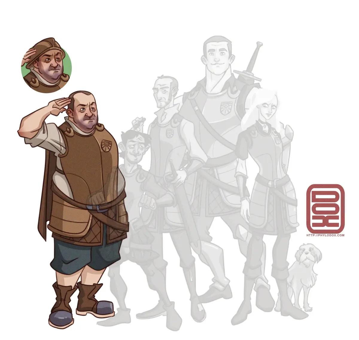 A cartoon illustration shows a plump, saluting man in brown armor and shorts, with a circular portrait of himself in the…