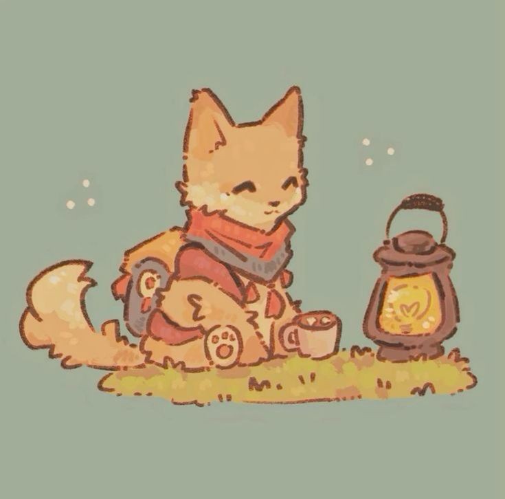 A cute, cartoon-style fox wearing a red scarf and a backpack sits on grass next to a lit lantern and a mug, looking content…