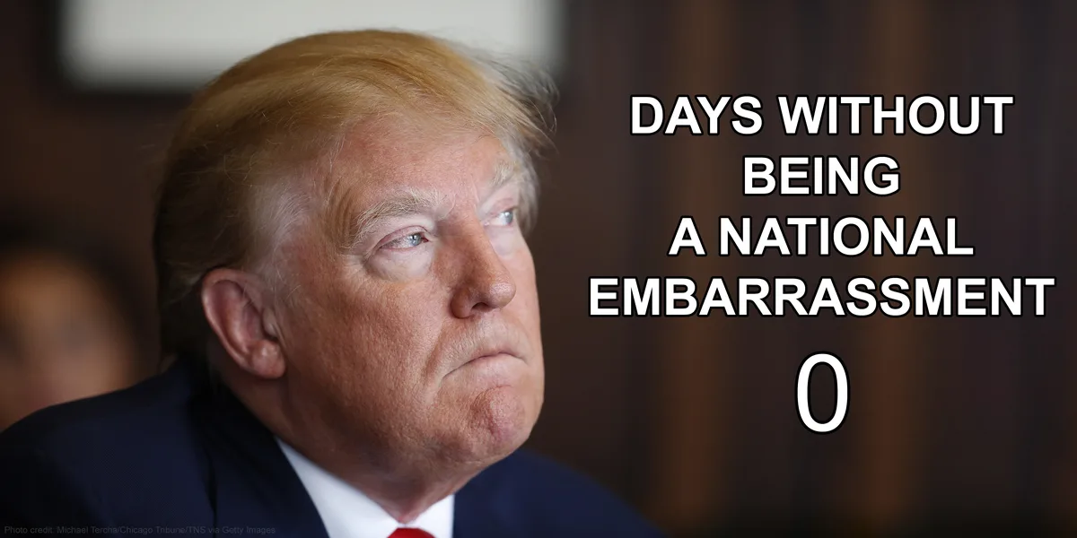 A close-up photo of Donald Trump looking pensive and slightly annoyed, with bold white text overlaid on the right side…