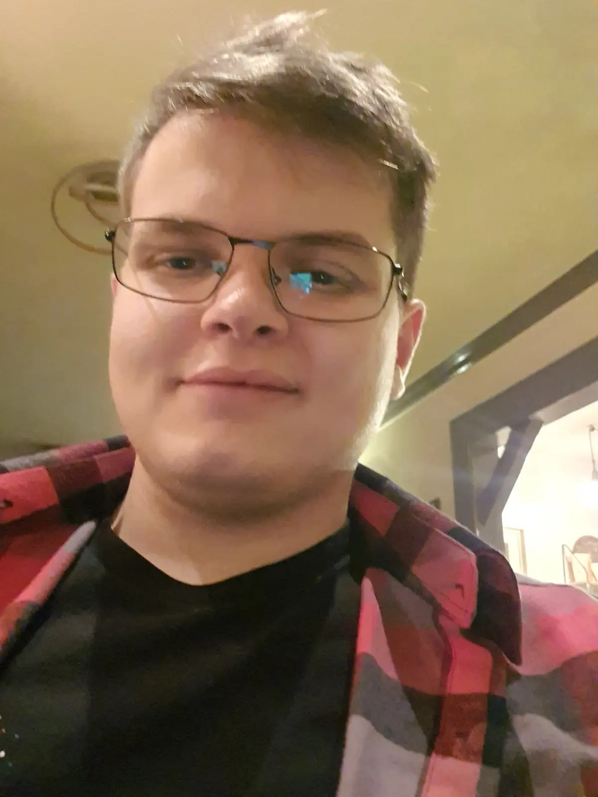 A young man with short brown hair and glasses, wearing a red and black plaid shirt over a black t-shirt, looks directly at…