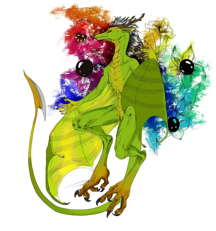 A green dragon with wings and a long tail is depicted sitting amidst a vibrant, watercolor-style floral background featuring…