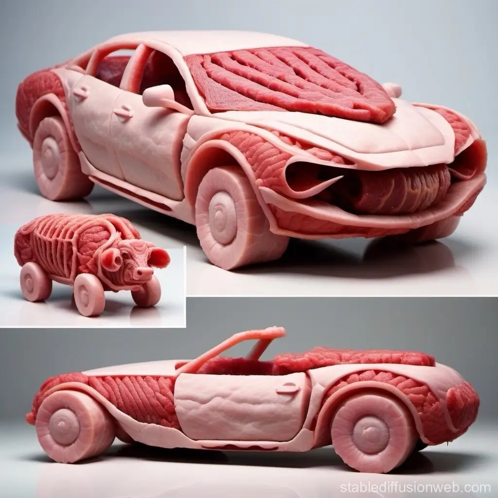 the image displays three views of a car sculpted to resemble raw meat, with pinkish skin and red muscle-like textures…
