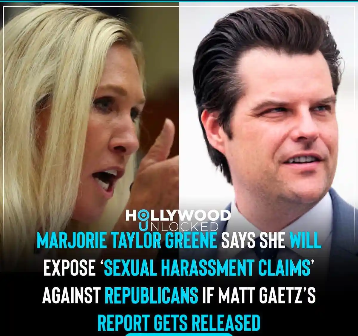 The image is a split-screen showing Marjorie Taylor Greene on the left, appearing to speak emphatically, and Matt Gaetz on…