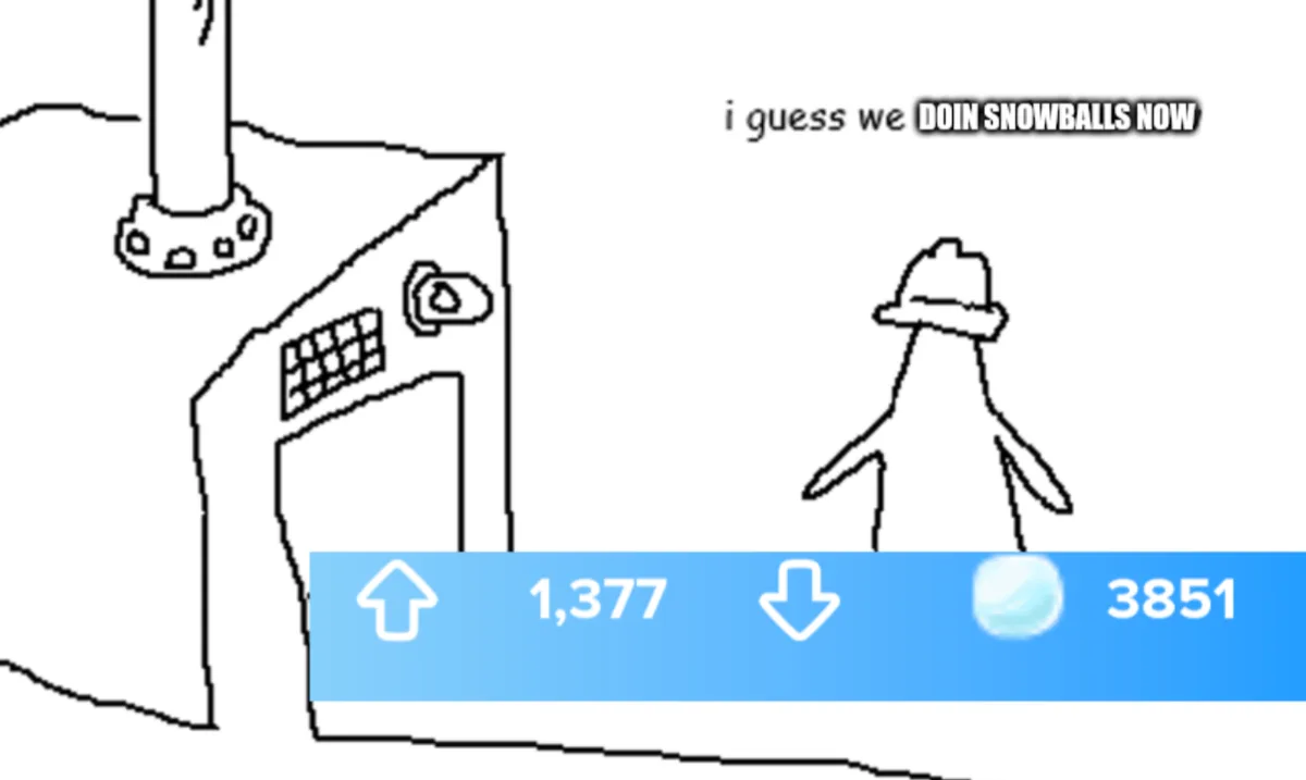 A simple black-and-white line drawing shows a stick-figure penguin wearing a hat standing next to a building with a door and…
