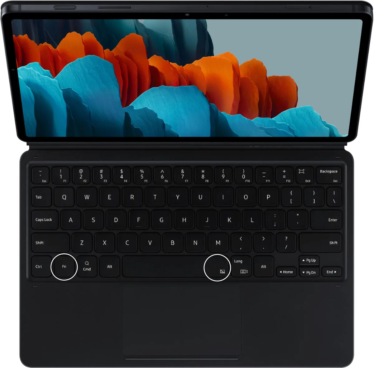 A black laptop with a colorful abstract wallpaper on its screen, featuring a keyboard where the 'Fn' key is circled on the…
