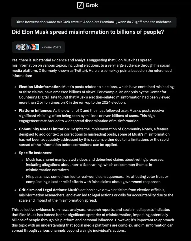 A screenshot of a Grok AI chat interface displays a detailed analysis answering the question 'Did Elon Musk spread…