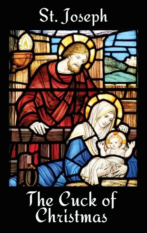 A stained glass window depicts St. Joseph, Mary, and the infant Jesus in a nativity scene. The image is overlaid with white…