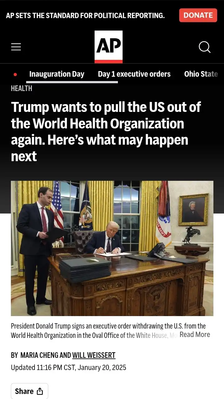 A screenshot of an Associated Press news article from January 20, 2025, showing President Donald Trump signing an executive…