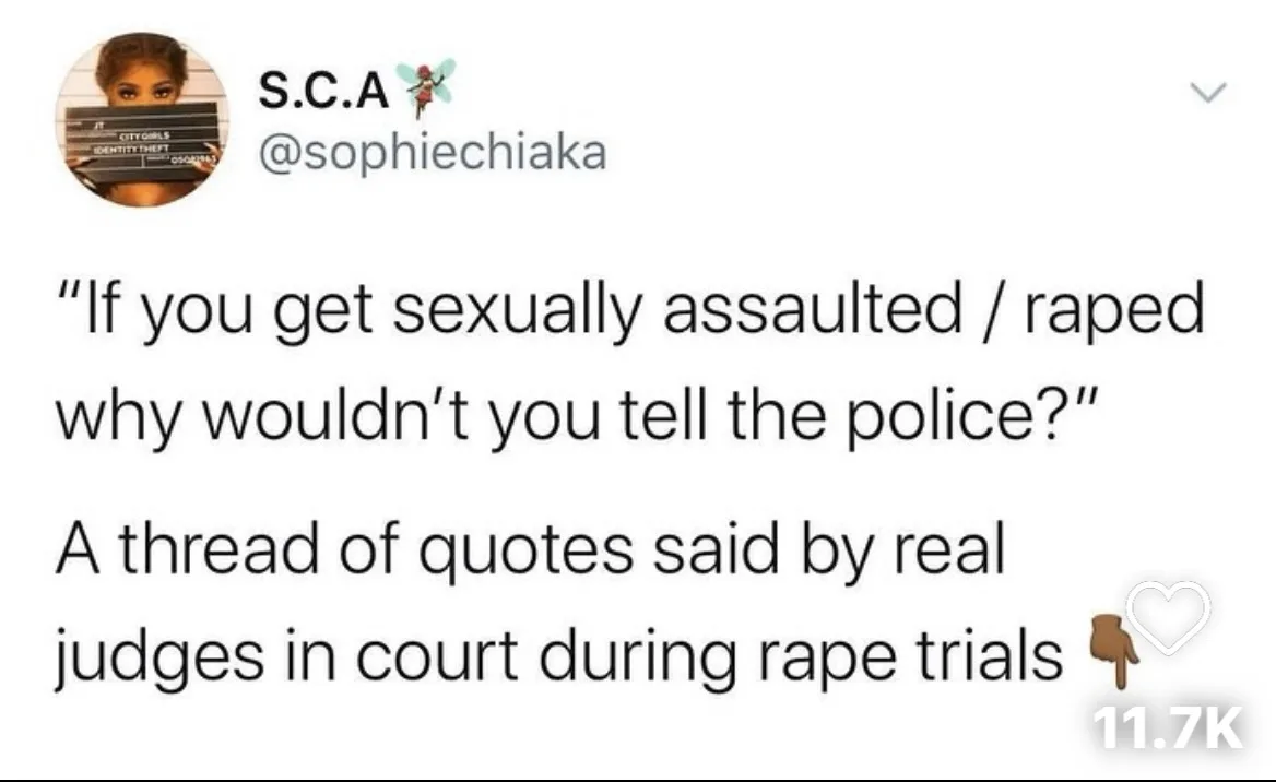 A screenshot of a tweet by user S.C.A. (@sophiechiaka) displays a quote in large text: "If you get sexually assaulted /…