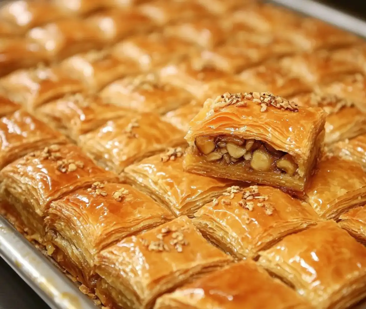A close-up photo of a tray of golden-brown, flaky baklava squares, each topped with chopped nuts and glistening with syrup…