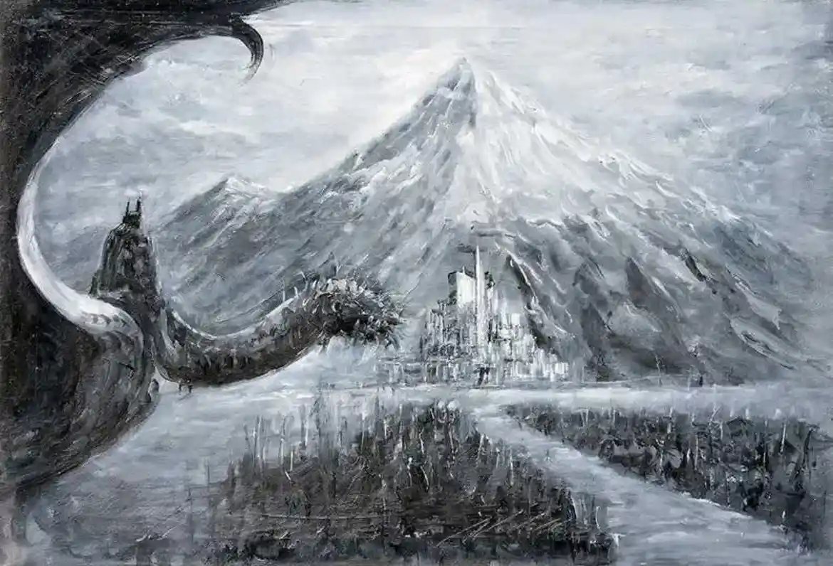 A monochrome painting depicts a massive, dark dragon with a long, curved neck and spiky head emerging from the left, its…