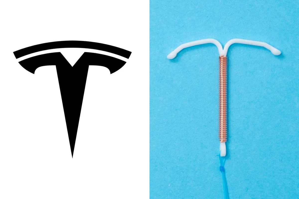 The image displays a split-screen: on the left is the black Tesla logo, and on the right is a copper-wire T-shaped…