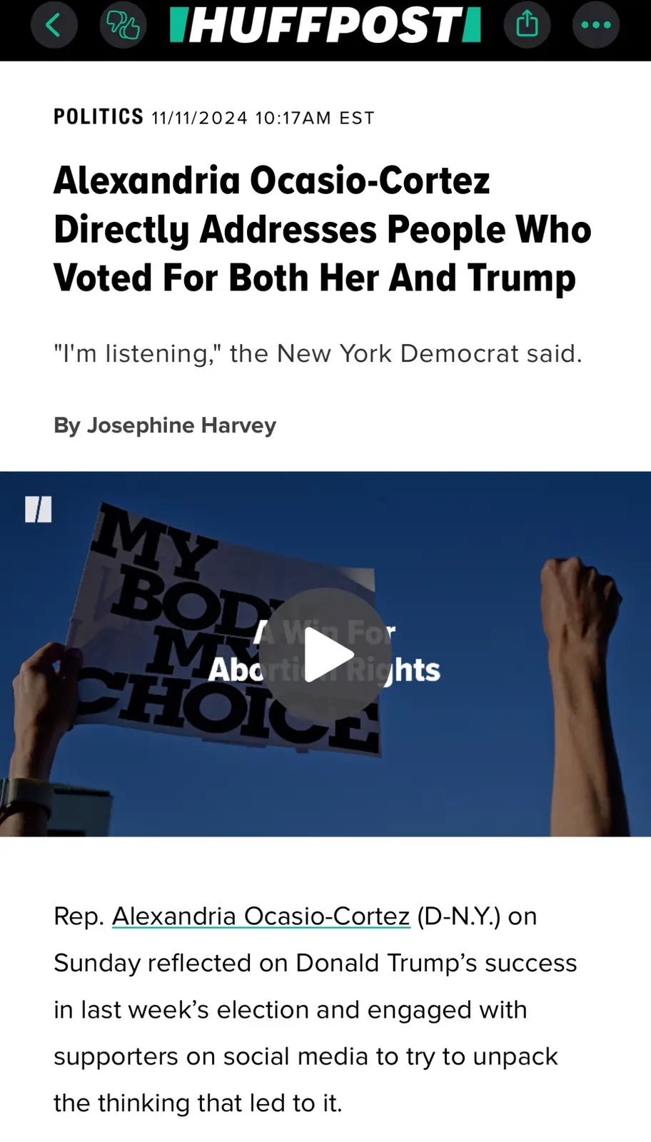 A screenshot of a HuffPost article dated 11/11/2024 with the headline 'Alexandria Ocasio-Cortez Directly Addresses People…