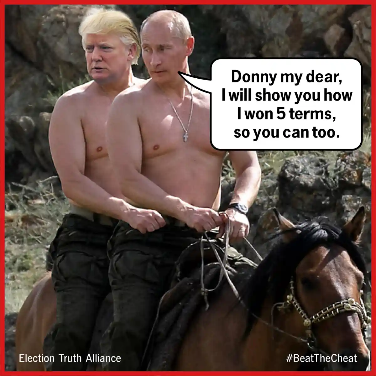 Two shirtless men, one with blonde hair and one with balding gray hair, are riding horses side by side in a rocky outdoor…