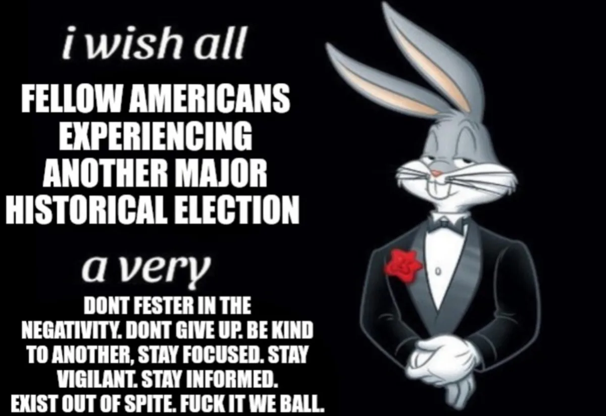 A cartoon image of Bugs Bunny in a tuxedo with a red rose on his lapel, standing against a black background. Overlaid white…