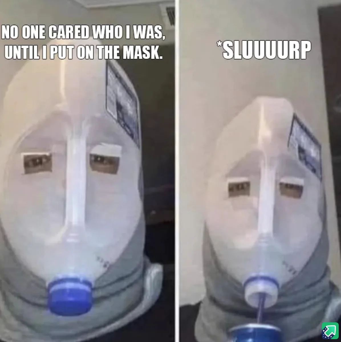 The image is split into two panels showing a person wearing a homemade mask made from a plastic milk jug with eye holes and…
