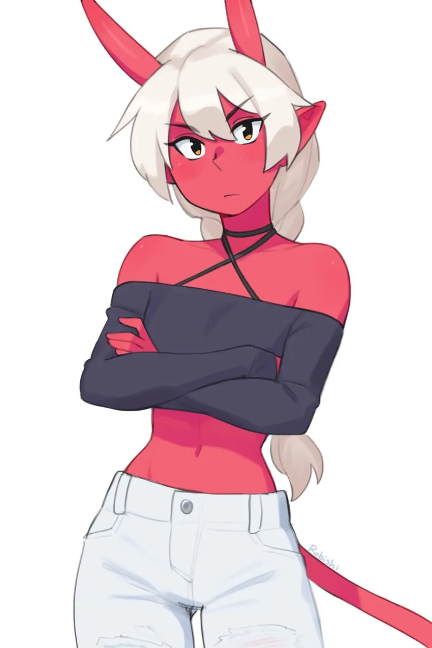 An anime-style illustration of a red-skinned, white-haired demon girl with horns and a tail, wearing a black off-shoulder…