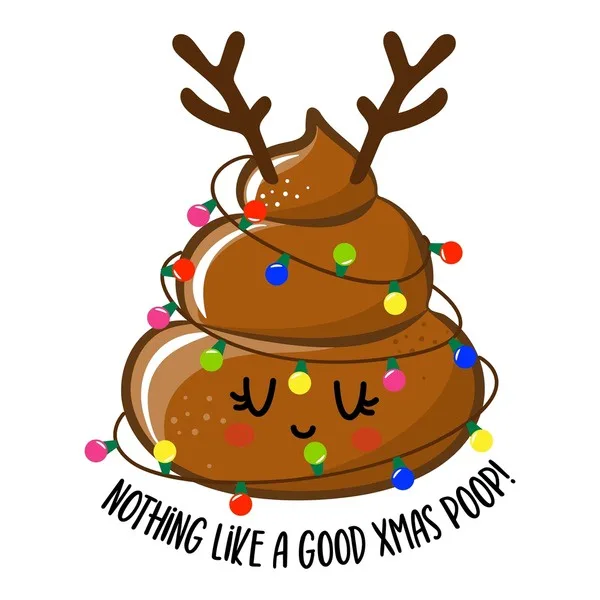 A cartoon illustration of a brown, poop-shaped Christmas tree with reindeer antlers and colorful string lights wrapped…