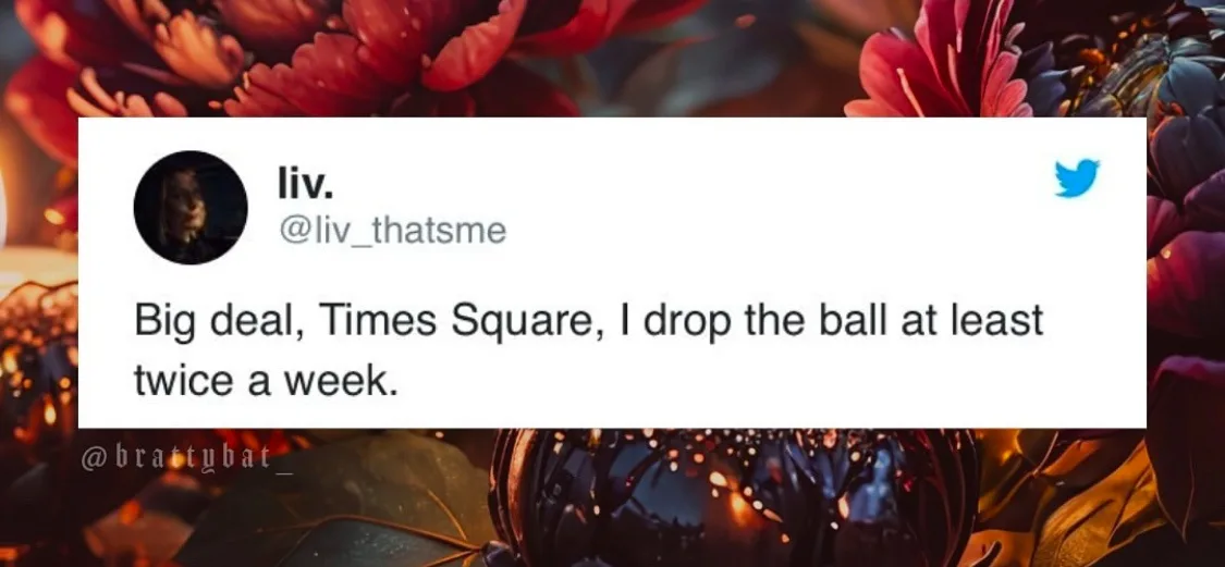 A screenshot of a tweet from user 'liv.' (@liv_thatsme) is overlaid on a dark, floral background. The tweet reads: 'Big…