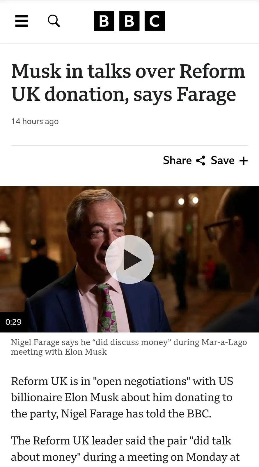 A BBC news article screenshot shows a video thumbnail of Nigel Farage smiling while speaking. The headline reads 'Musk in…