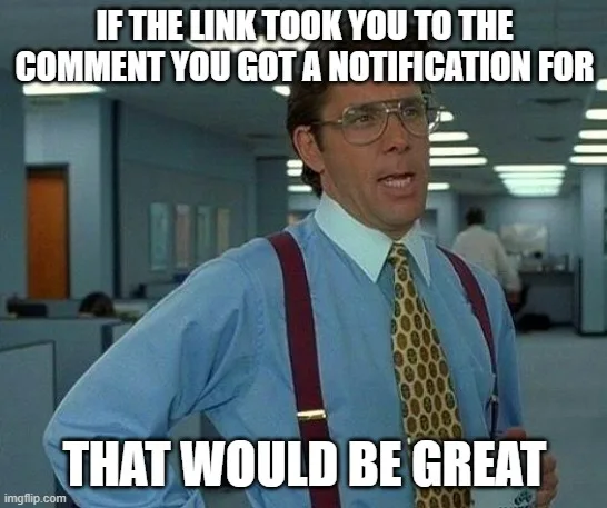 A man in a blue shirt, red suspenders, and patterned tie stands in an office with a surprised expression. White text…