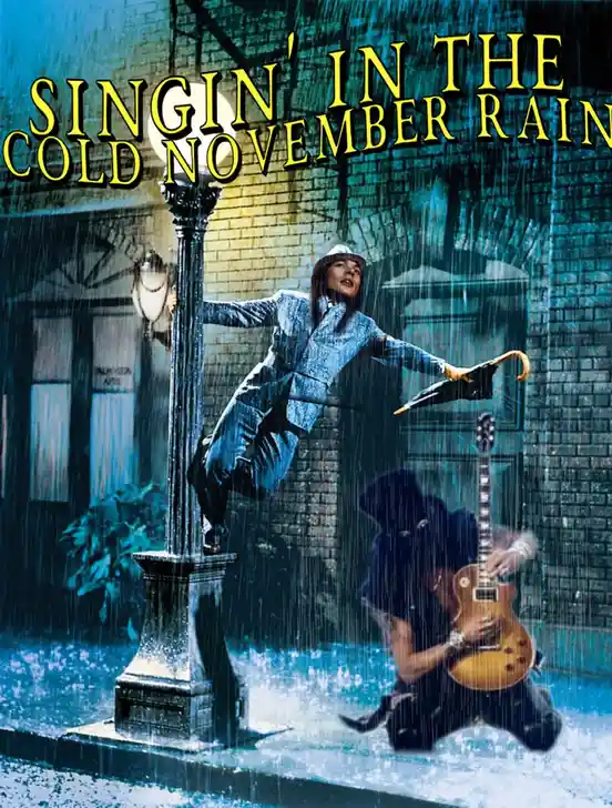 A person in a blue suit and hat joyfully leans against a lamppost in heavy rain, holding an umbrella, while another person…