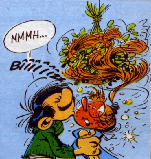 A cartoon boy in a green sweater happily kisses a small orange fish while holding it in a blue bowl. Above them, a large…