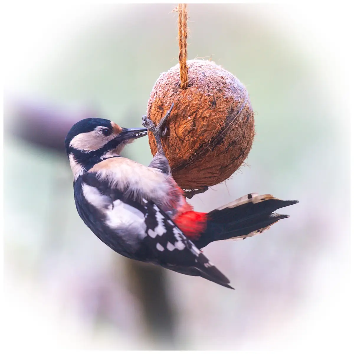 A great spotted woodpecker is clinging to a hanging coconut feeder, pecking at it with its beak. The bird has black, white…