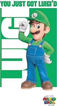 A promotional poster for the Mario franchise featuring the character Luigi in his classic green cap and overalls, standing…