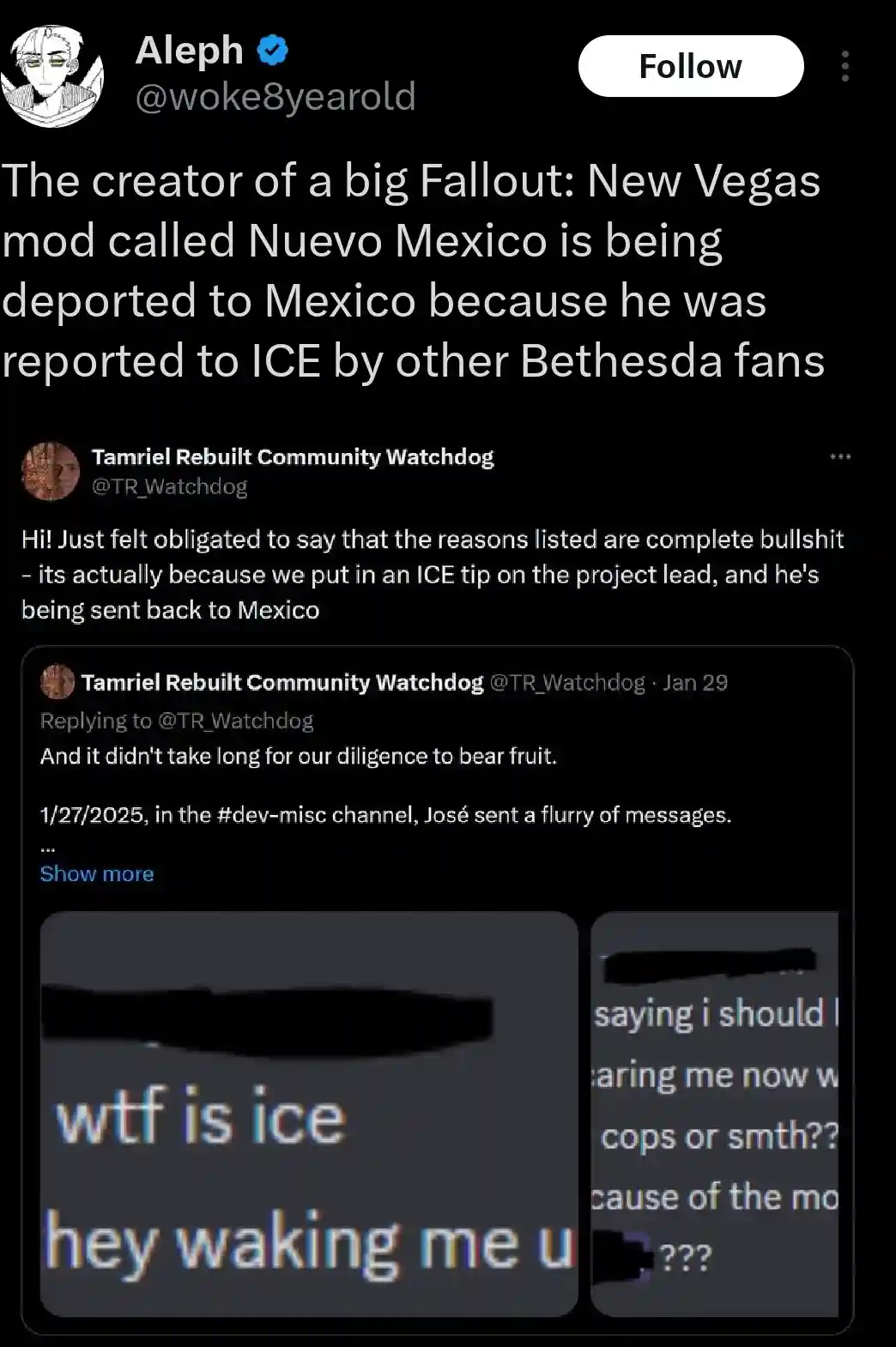 A screenshot of a Twitter thread where a user claims the creator of a Fallout: New Vegas mod called 'Nuevo Mexico' is being…
