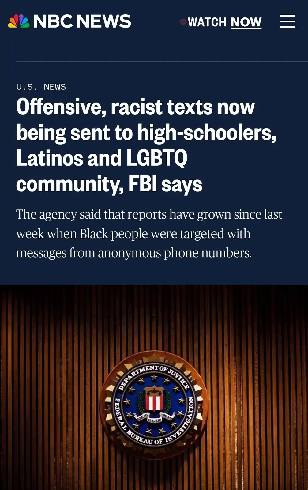 An NBC News article screenshot shows a headline about the FBI reporting an increase in offensive racist texts targeting…