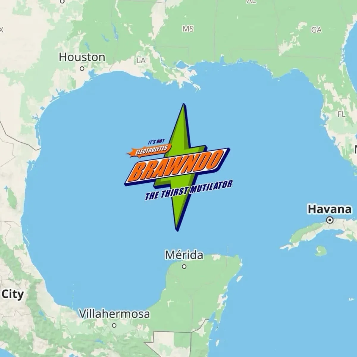 A map of the Gulf of Mexico and surrounding areas shows the logo for 'Brawndo, The Thirst Mutilator' superimposed over the…