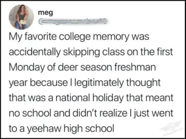 A screenshot of a social media post by a user named 'meg' with a blurred profile picture. The post text describes a college…