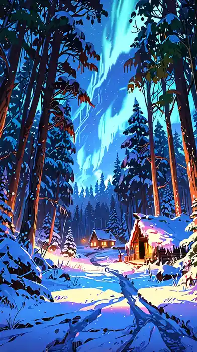 A serene, stylized winter forest scene with snow-covered trees and two cozy cabins glowing warmly under a vibrant aurora…