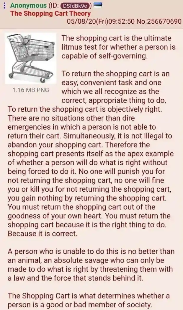 An image of a standard metal shopping cart with overlaid text that argues returning it is the ultimate test of…