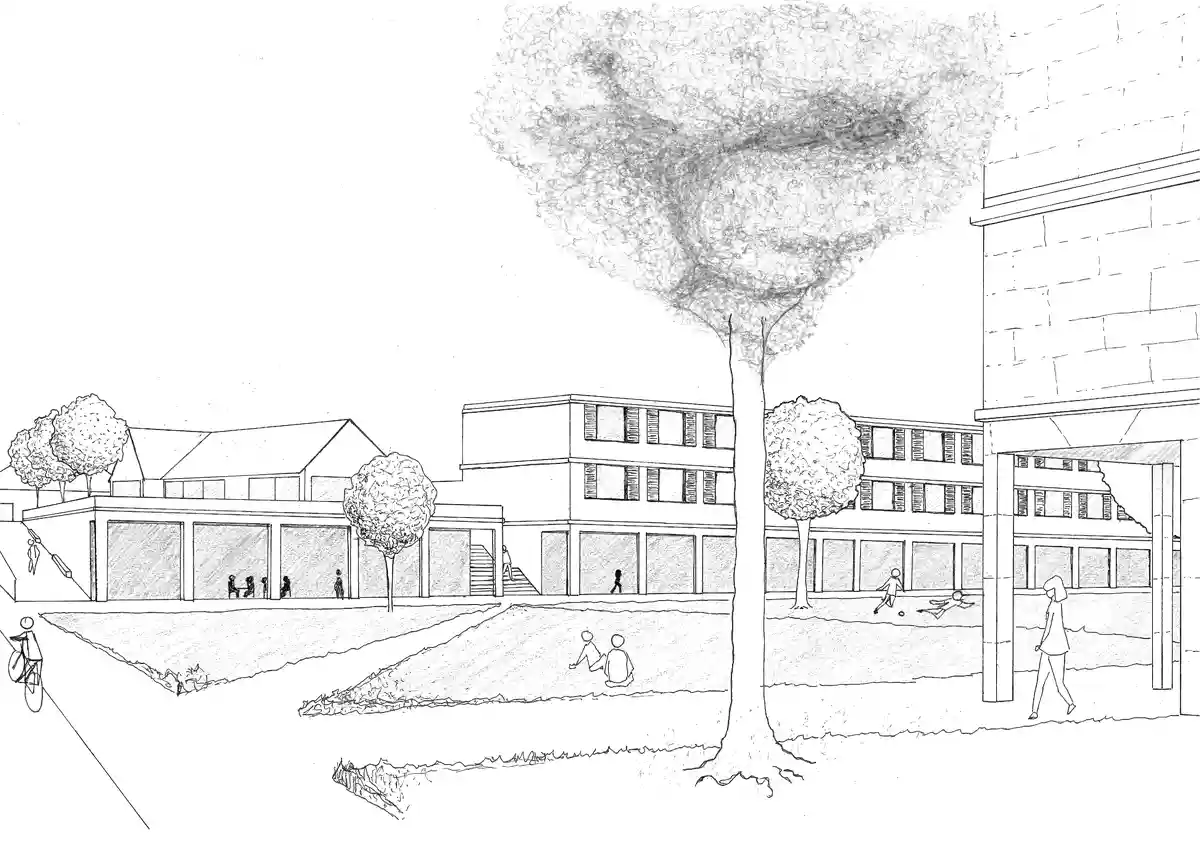 A black-and-white architectural sketch of a schoolyard with buildings, trees, and children playing. One large tree stands…