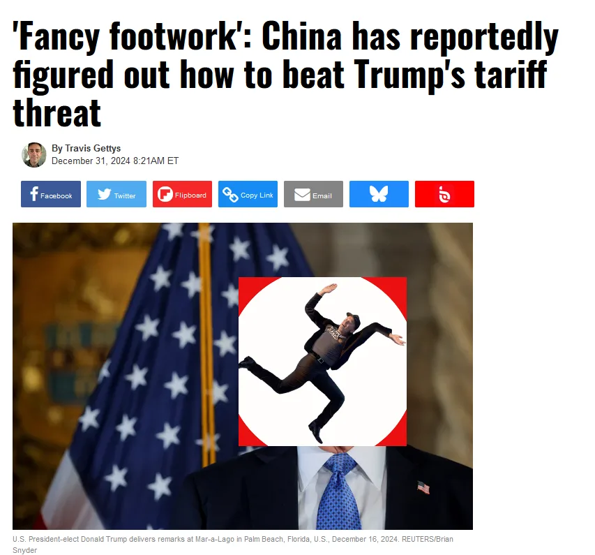 A screenshot of a news article with a headline about China countering Trump's tariffs, overlaid with a photo of Donald…