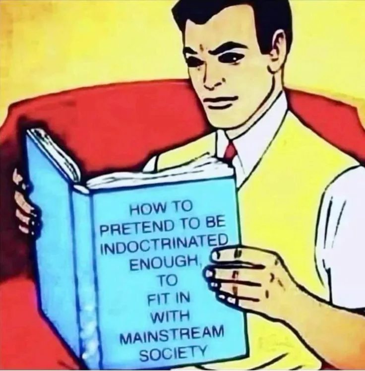A cartoon man in a yellow vest and red tie sits on a red couch, holding a blue book open. The book's cover reads 'HOW TO…
