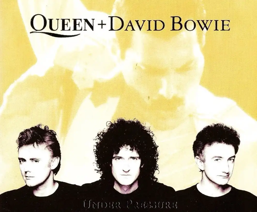 The image shows the album cover for 'Under Pressure' by Queen and David Bowie, featuring three men in black shirts against a…
