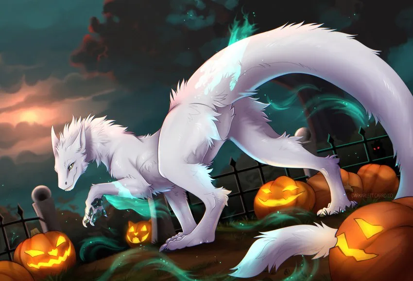 A white, fox-like creature with glowing green energy and a long, fluffy tail stands among carved jack-o'-lanterns in a…
