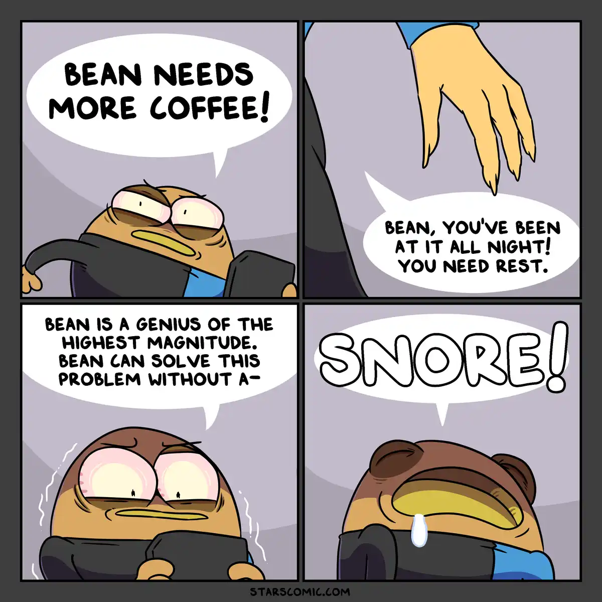 A four-panel comic strip featuring a cartoon frog character named Bean, who is shown in various states of exhaustion while…