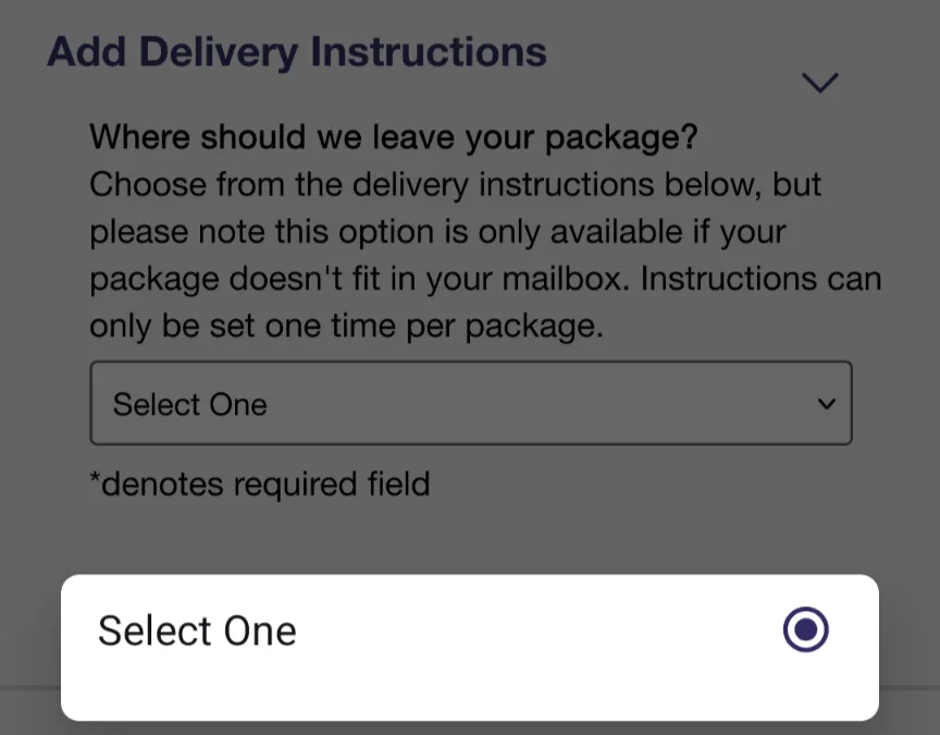 A screenshot of a delivery app's 'Add Delivery Instructions' screen shows a dropdown menu with the option 'Select One'…