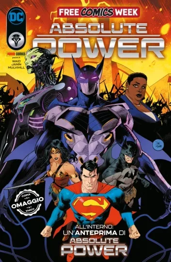 A comic book cover for 'Absolute Power' from Free Comic Book Week, featuring Superman prominently in the foreground with…