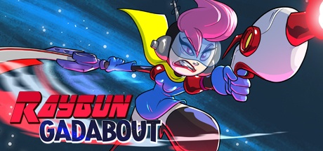 A cartoon character with pink hair, blue skin, and a yellow cape is shown in a dynamic pose, wielding a futuristic weapon…